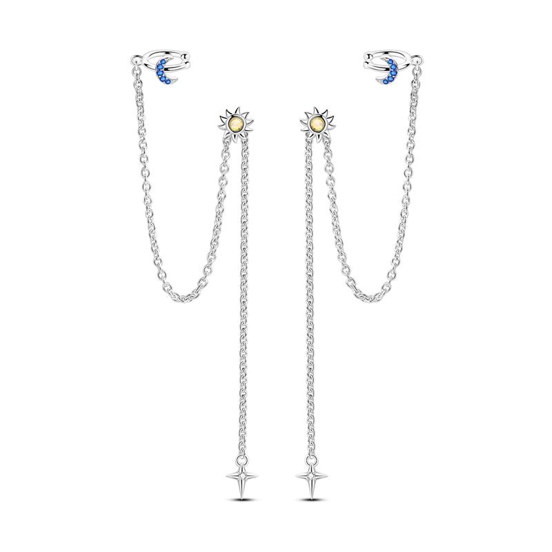 925 Silver Gold Color Star Moon Chain Stud Earrings for Women Girl Ear Studs Fine Jewelry Fashion Luxury Anniversary