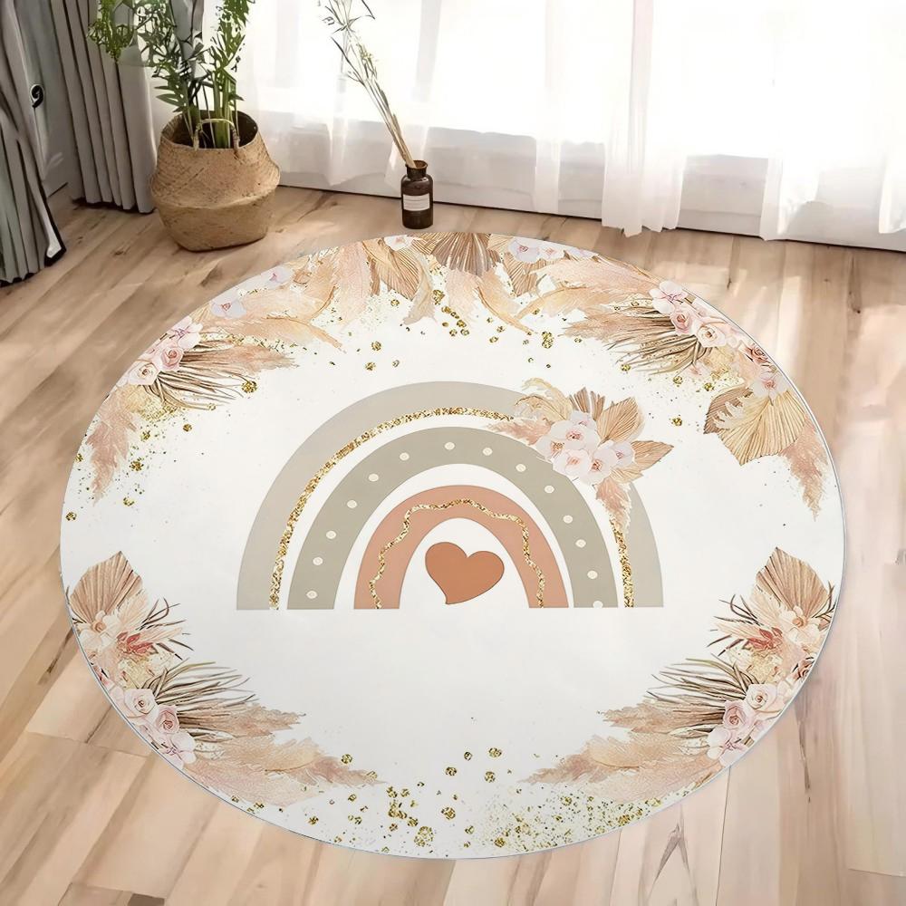 Boho Rainbow Round Rug Floor Mat Non-Slip Machine Washable Flannel Carpet for Home Living Room Kids Playmat Bedroom Floor Mat