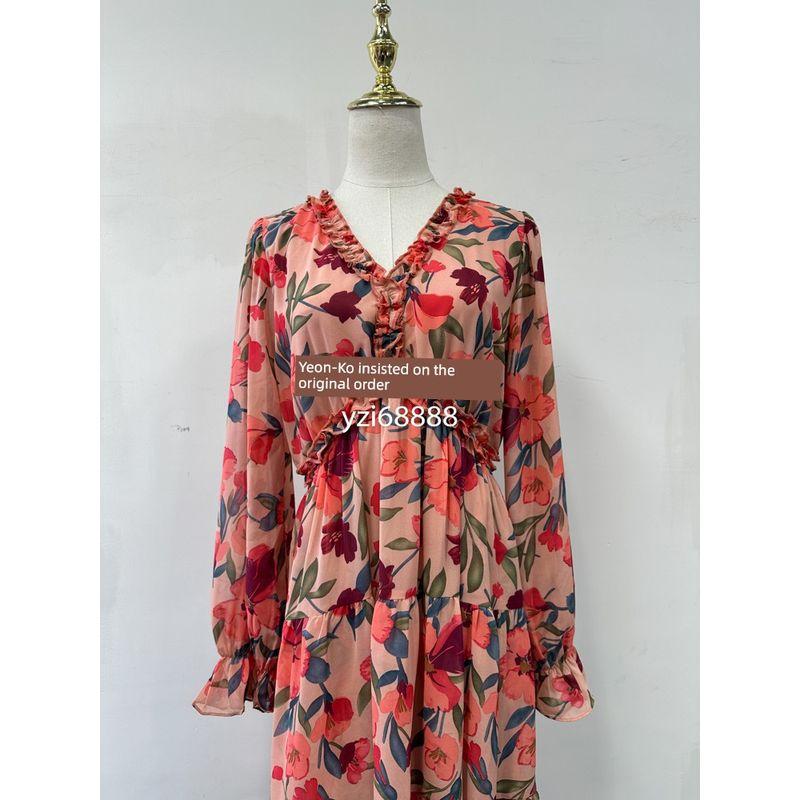 

Yanzi Экспорт Шифоновое платье с V-образным вырезом, средней длины, длинное, с длинными рукавами, весеннее, с цветочным принтом, для весенней прогулки, праздничное платье, платье, длинное платье Pink V Neck chiffon Dress L