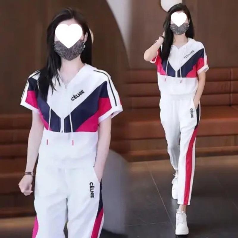 Летний Повседневный, Спортивный, Модный и Стильный Свободный, Color-blocking, Стройнящие Длинные Брюки Комплект. Спортивный и повседневный комплект M