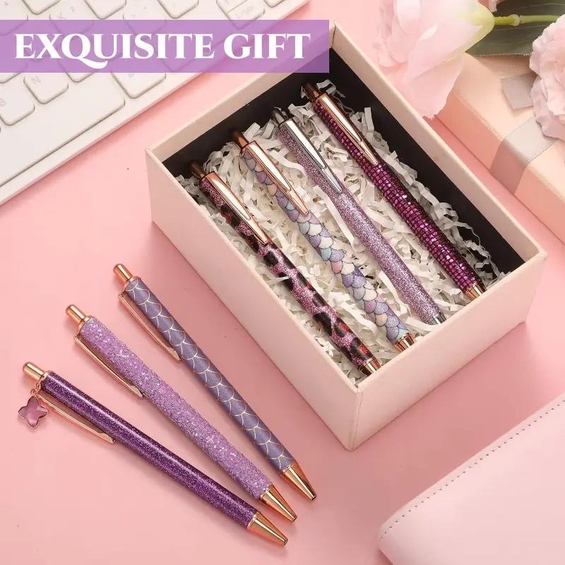 6pcs Ballpoint Pens Set Metal Crystal Diamond Pen for Journaling Glitter Stationery Fancy Gifts for Teacher Graduation Supplies