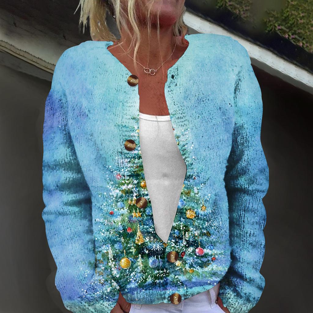 Women's Fashion Christmas Printed Long Sleeve Knitted Cardigan Button Down Jacket