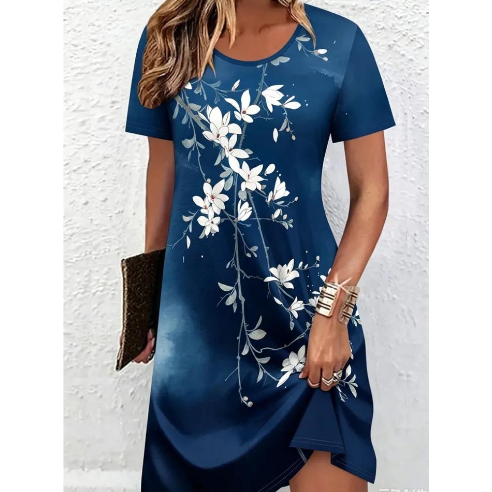 Summer Fashion Flowers 3d Print Comfortable Breathable Round Neck Short Sleeved Dresses Women Creative Colorful Plus Size Loose Dresses