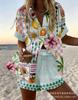 Summer European and American Women's Clothing Bamboo Hemp 1D Digital Printing Short-sleeved Shirt Beach Shorts Casual Two-piece Set