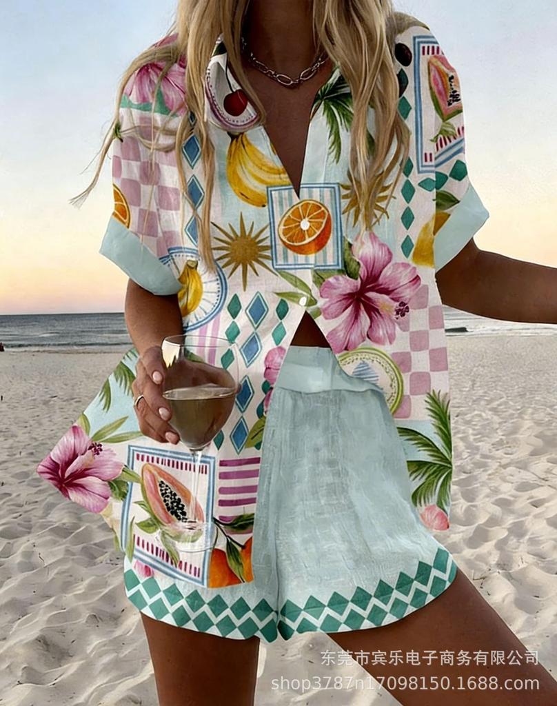 Summer European and American Women's Clothing Bamboo Hemp 1D Digital Printing Short-sleeved Shirt Beach Shorts Casual Two-piece Set