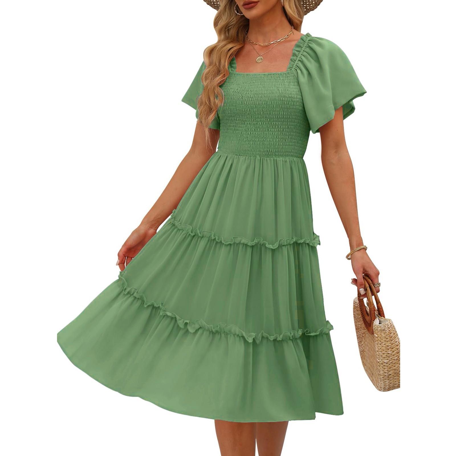 Women s Fashion Color Chiffon Butterfly Short Sleeve Square Neck Pleated Dresses L