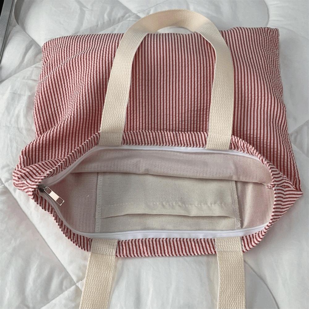 Stripe Contrast Color Canvas Shoulder Bag Simple Design Vintage Style Zipper Handbags Large Capacity Patchwork Shopping Bag