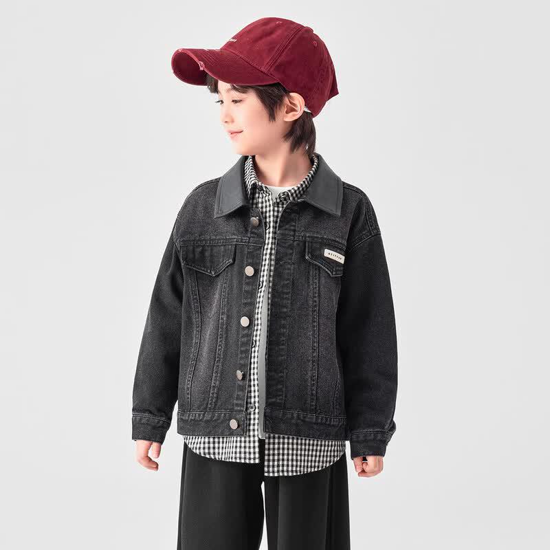 Boys' Faux Leather Collar Patchwork Denim Jacket