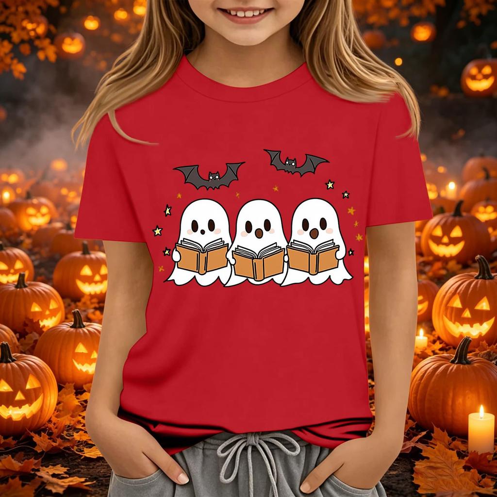 Kids Halloween Printed Neck Short Sleeve T-Shirt Loose Fit Casual Top