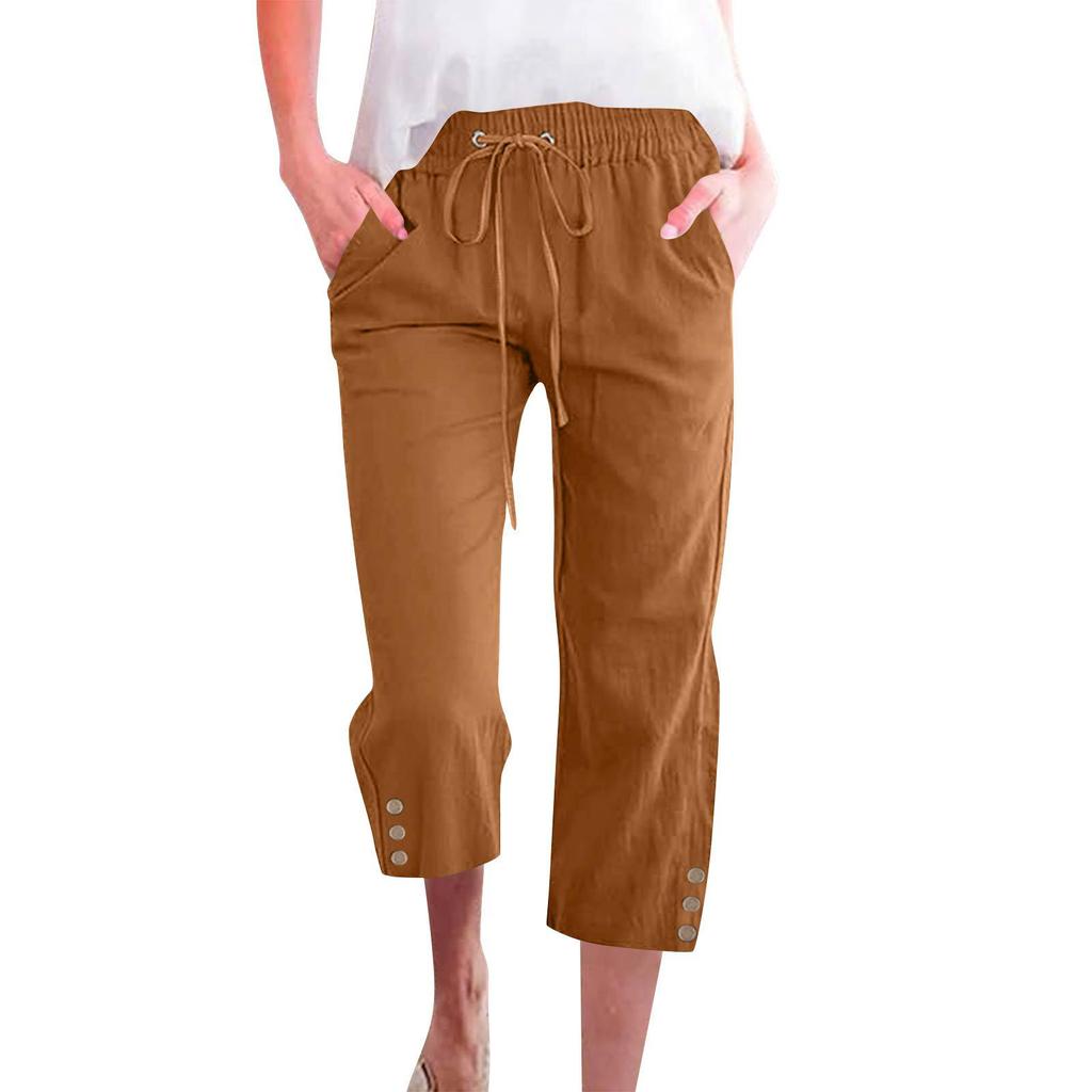 Spring Solid Color Cotton Linen Drawstring Cropped Pants