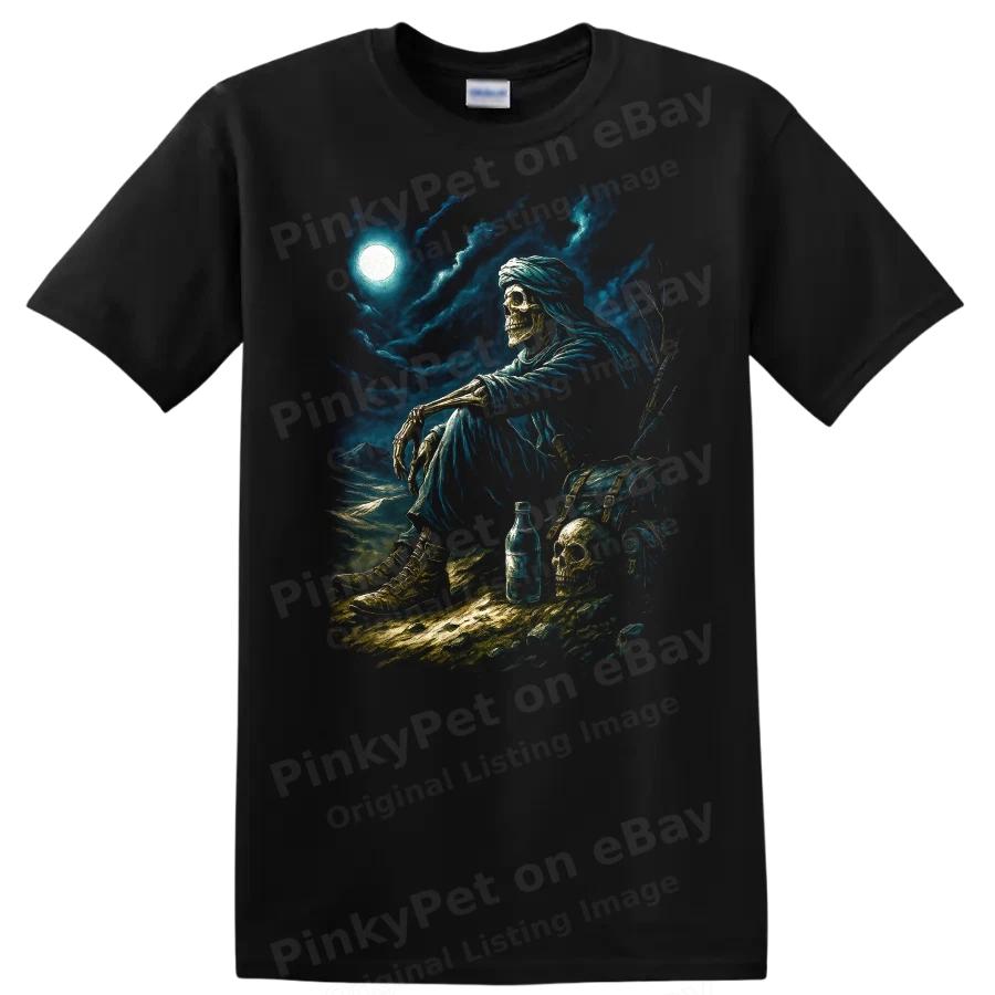 Skeleton Desert Wanderer T Shirt Gloomy Night Scene w/ Skull Tee