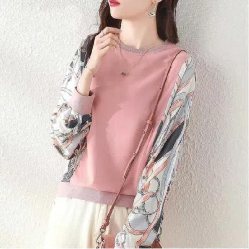 Women's Printing Sweatshirts Spring Fashion Tops Large Loose Round Neck Splicing Elegant All-match Pullover