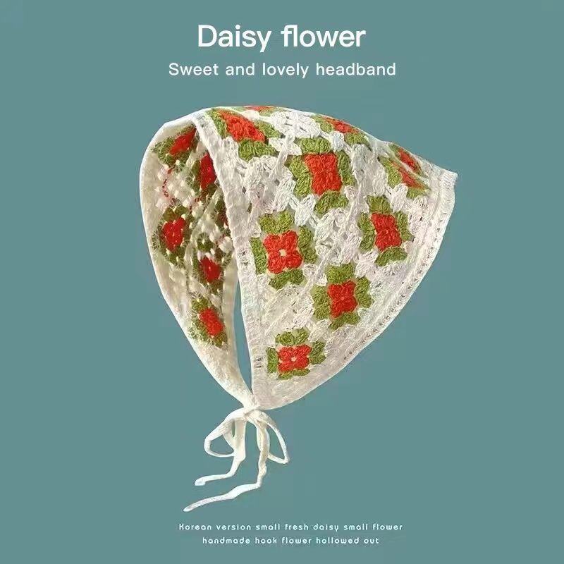 Korean Style Knitted Crochet Triangle Scarf: Women's Sweet Flower Headscarf Hat