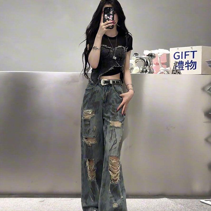 Modische Bequeme Gewaschene Hüftjeans Damen Übergröße Drapierte Gerade Schleppende Lange Hose Jeans für Damen Lange Jeans