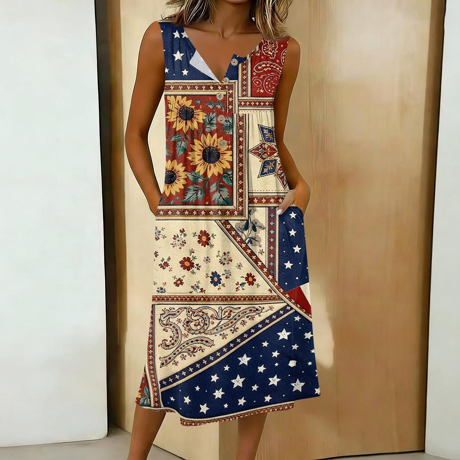 

Sleeveless V Neck Button Front Midi Dress with Floral and Star Stripe Print Casual Loose Fit Summer Sundress Pockets S