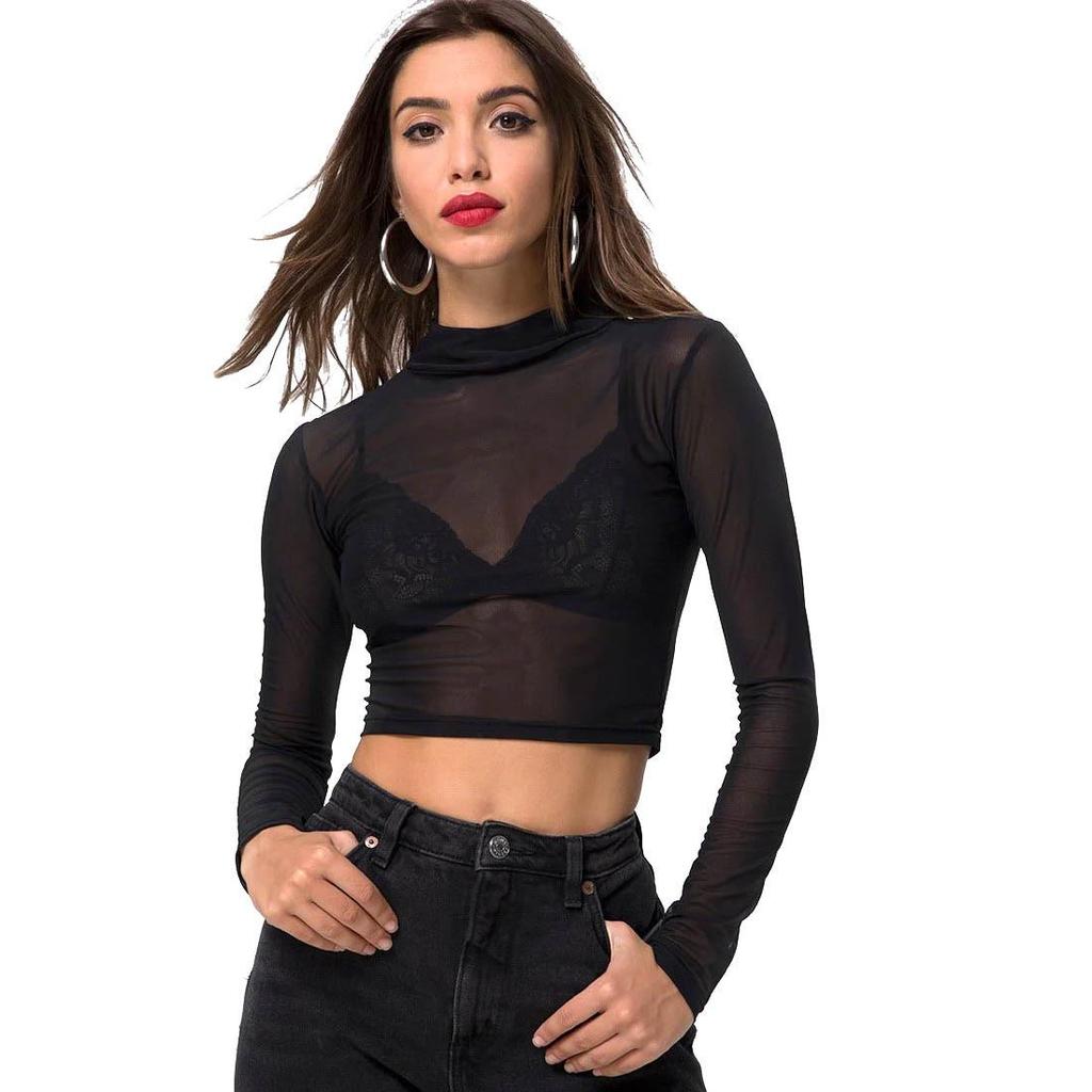Women's Fresh Sexy Slim Fit See-through Mesh Long Sleeve Top