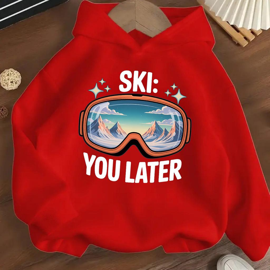 Kışlık Sıcak ve Polar Astarlı, Rüzgar Geçirmez, Erkek ve Kız Çocukları İçin Kayak Gözlüğü Baskılı Kapüşonlu Sweatshirt, Kalın Outdoor Spor Üstü