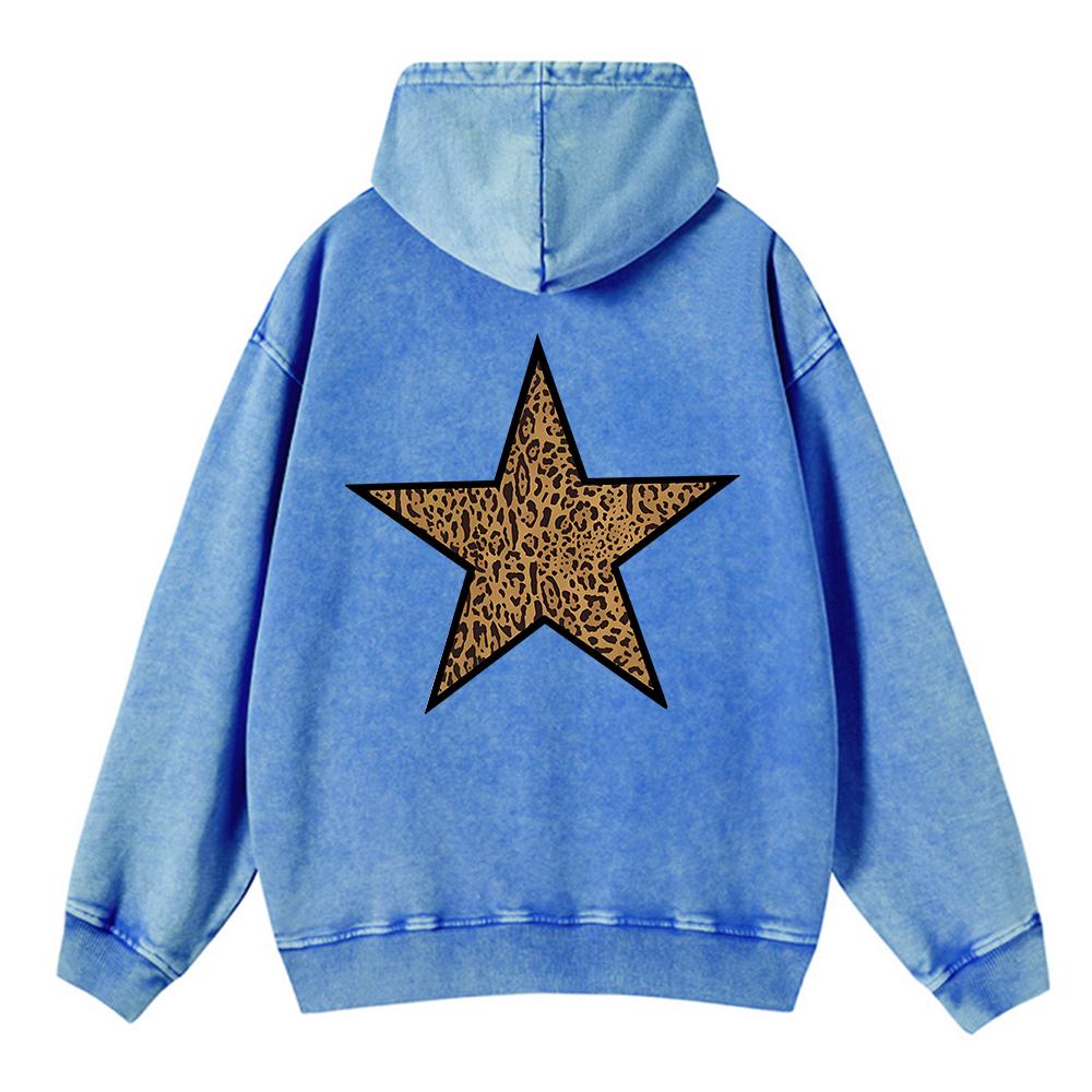 Vintage Womens Acid Wash Hoodies Leopard Pentagram Printing Pullovers Pocket Oversize Cotton Sweatshirts Clothes