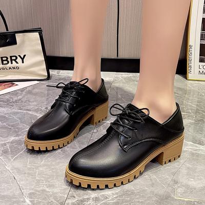 Sapatos Oxford da Moda Femininos Com Cadarço Quadrado Salto Alto Biqueira Redonda Sapatos Femininos Couro Sólido Bombas de Verão Plus Size Zapatos De Mujer