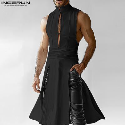 Men Stand Neck Sleeveless Open Front Side Splits Twisted Waist Long Tank Tops
