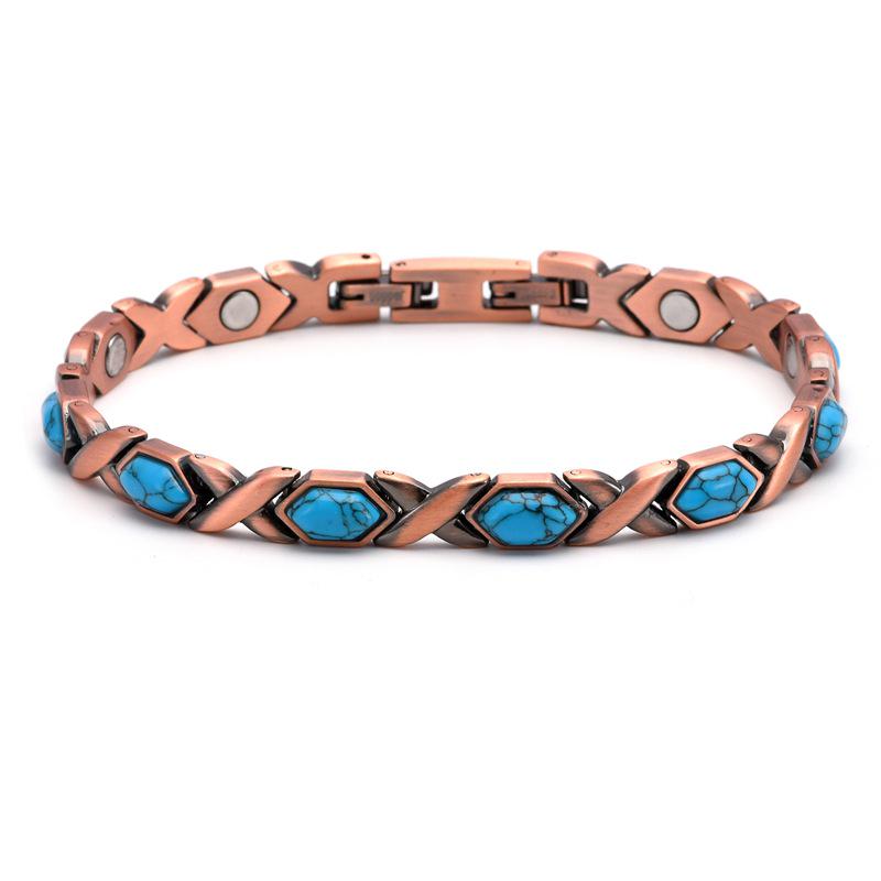 Retro Blue Turquoise Magnetic Ladies Bracelet - Pure Copper Design