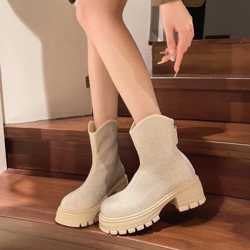 Fashion Flats Thick Women Ankle Boots Crystal Bright Diamond Women Fashion Designer Winter New 2025 Trend Luxury Party Punk Modern Boots
