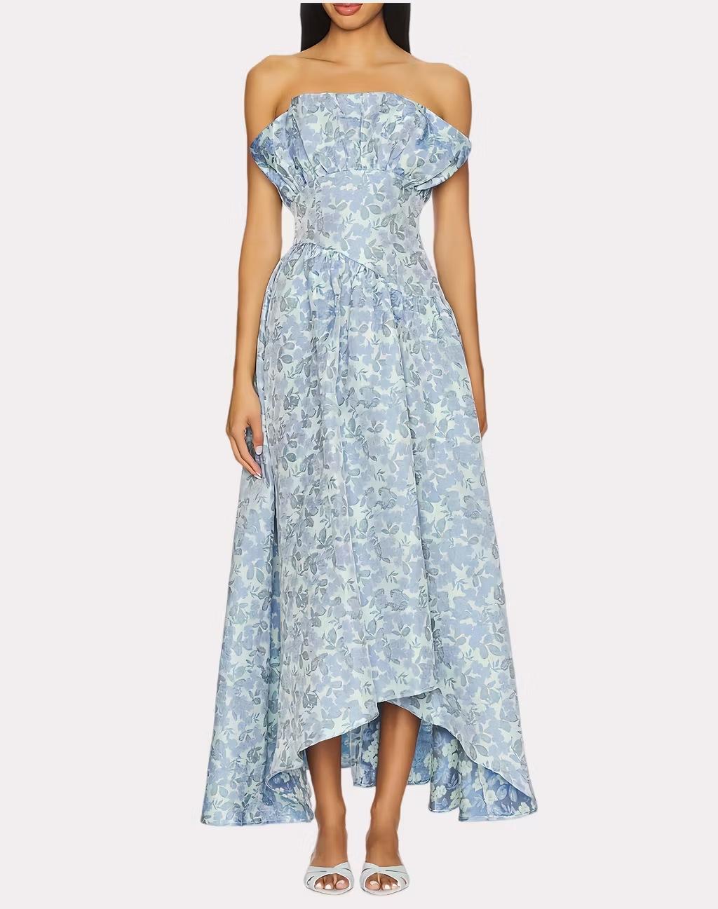 2026 French Elegant Strapless Floral Large Hem Long Dress, Irregular Dress, Strapless Gown Dress S