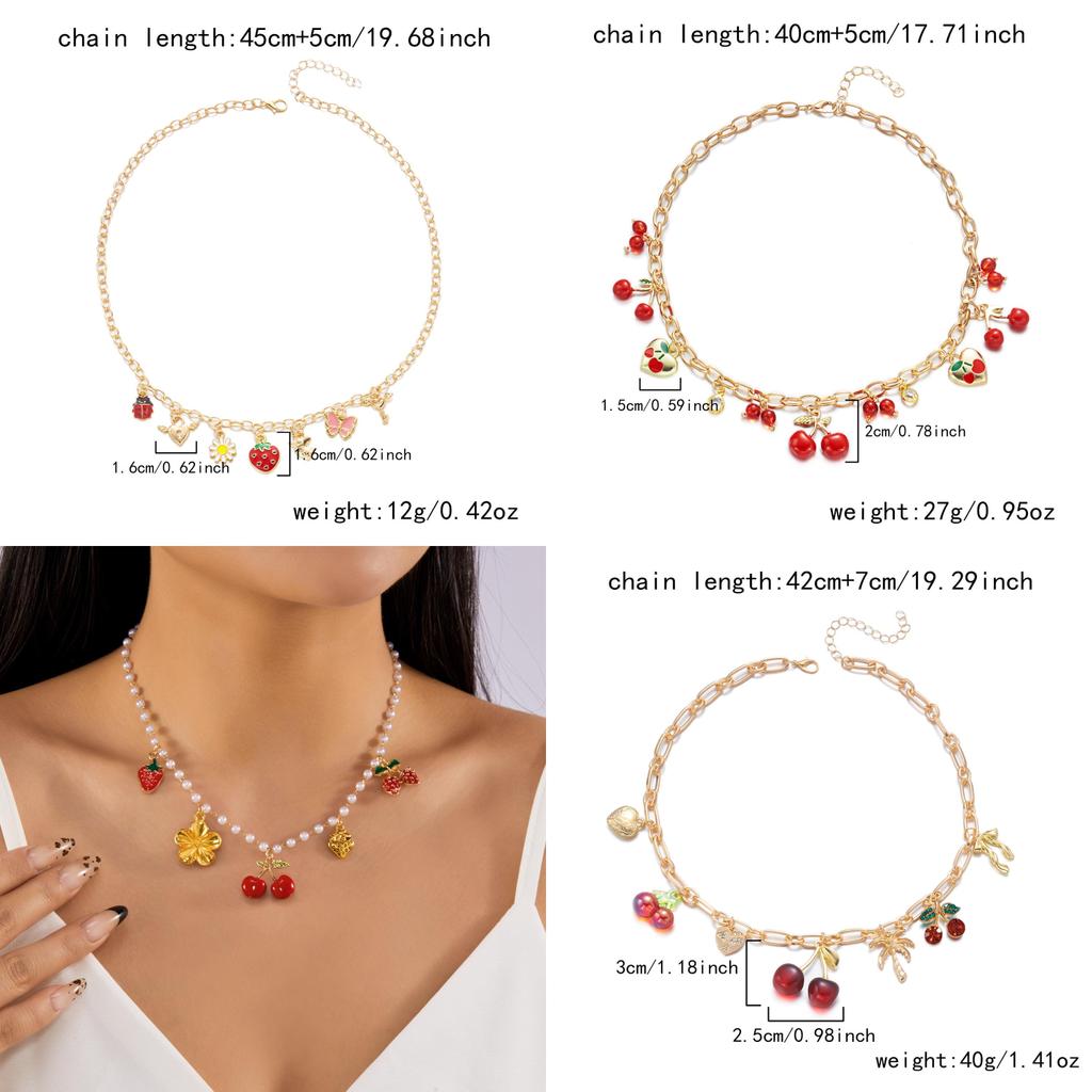 Bracelet Chaîne Pendentif Cœur d'Amour Cerise Avec Chaîne de Perles Pour Femmes Style Été