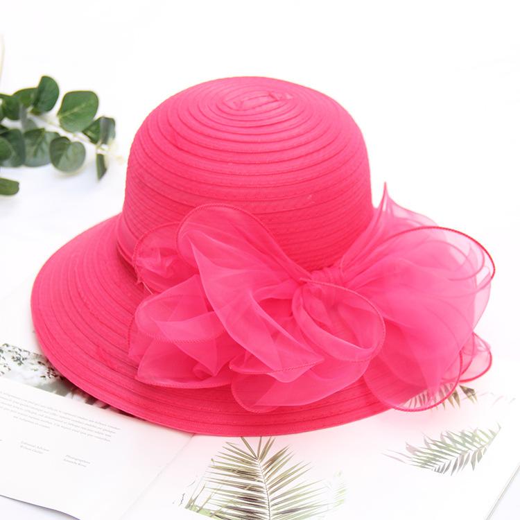 Derby-Hut mit Organza-Netz und Blumenmuster, einfarbig, atmungsaktiv, breiter Krempe, vielseitige Sonnenschutzhüte für Damen