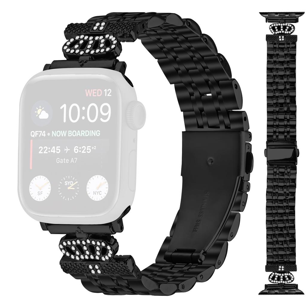 Watch Band For Apple Watch Series 10 9 8 7 SE 6 5 4 3 2 1 42mm 41mm 40mm 38mm 7-Bead Rhinestone Crown Stainless Steel Strap