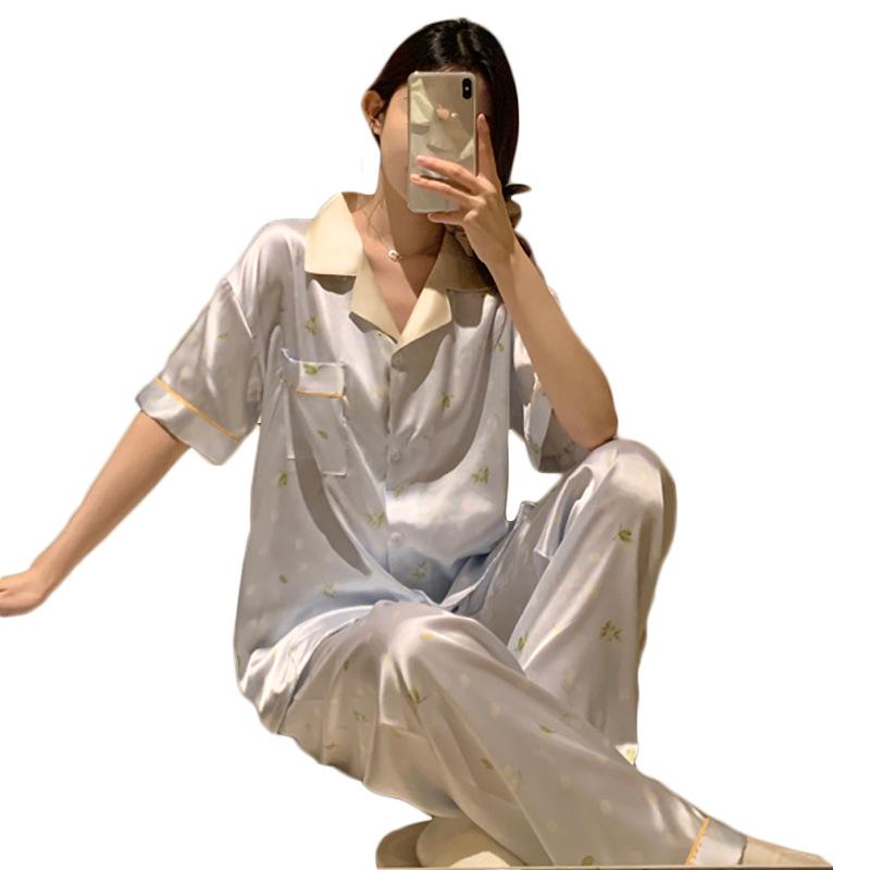 Lapel Floral Printing Ice Silk Pajamas Women'S Summer Light Luxury Loungewear Short Sleeves Can Be Worn Outside