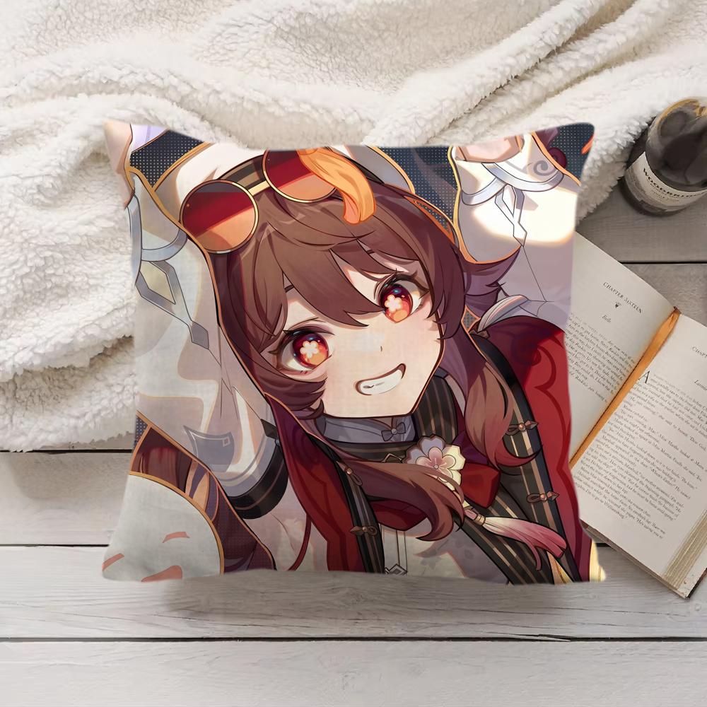 Cute Hu Tao Genshin Impact Cushion Cover Silky Short Plush Invisible Zipper Dustproof Sofa Pillow Case For Home Decor