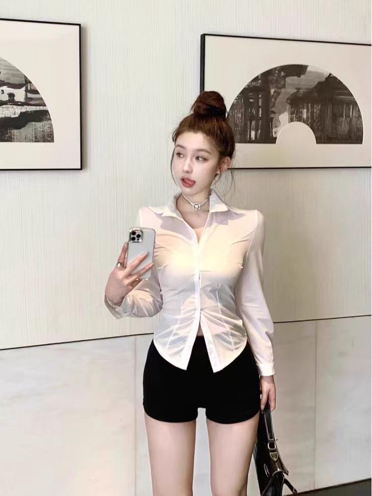V-Neck Slim Fit Bodycon White Shirt for Women - Sexy Waist-Cinching Top with Chic Chest Design, Perfect for Autumn/Spring.