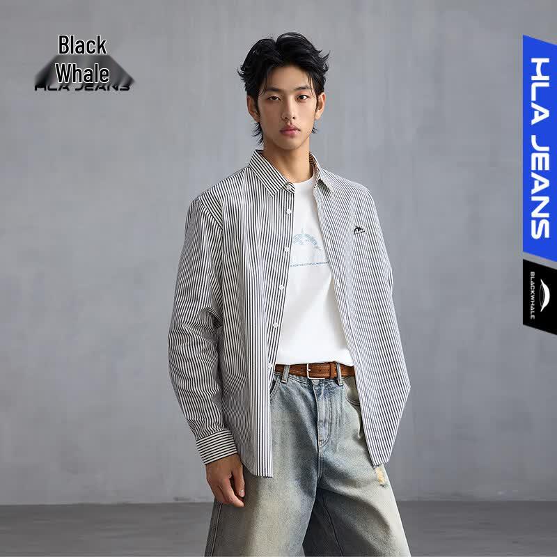 HLA Black Whale Men s Fashion Striped Long Sleeve Lapel Shirt XL