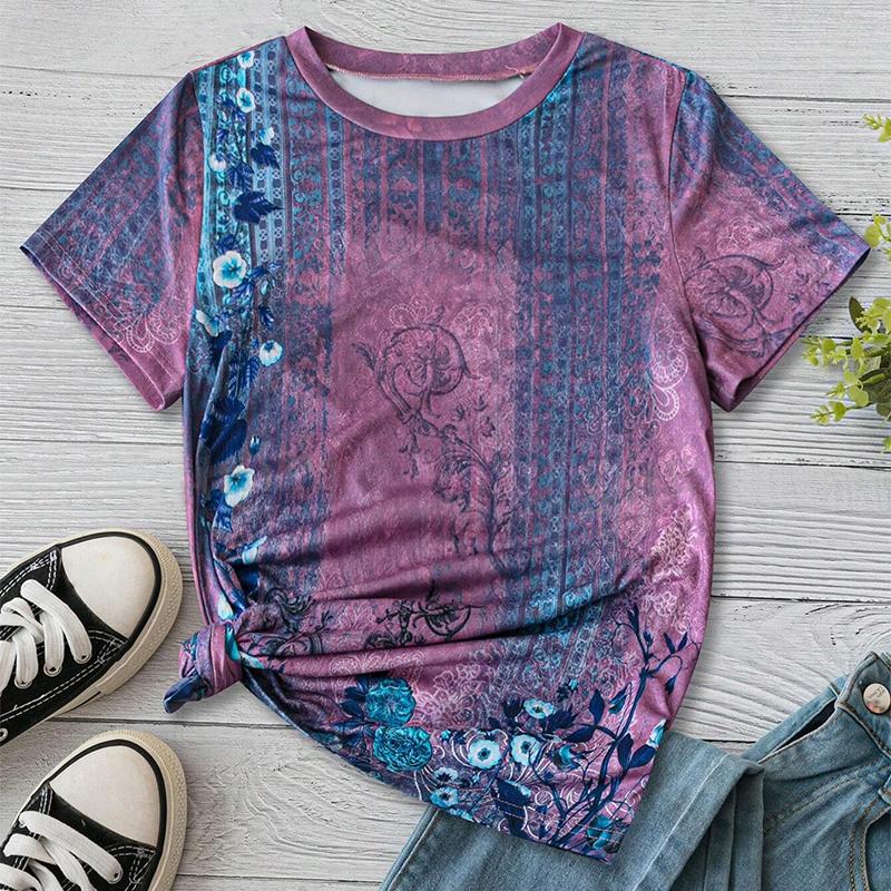 Fashion Women Creative Colorful Flower Splicing Print T Shirt Funny Casual O-neck Short Sleeves T-shirt Summer Female Tee Shirt