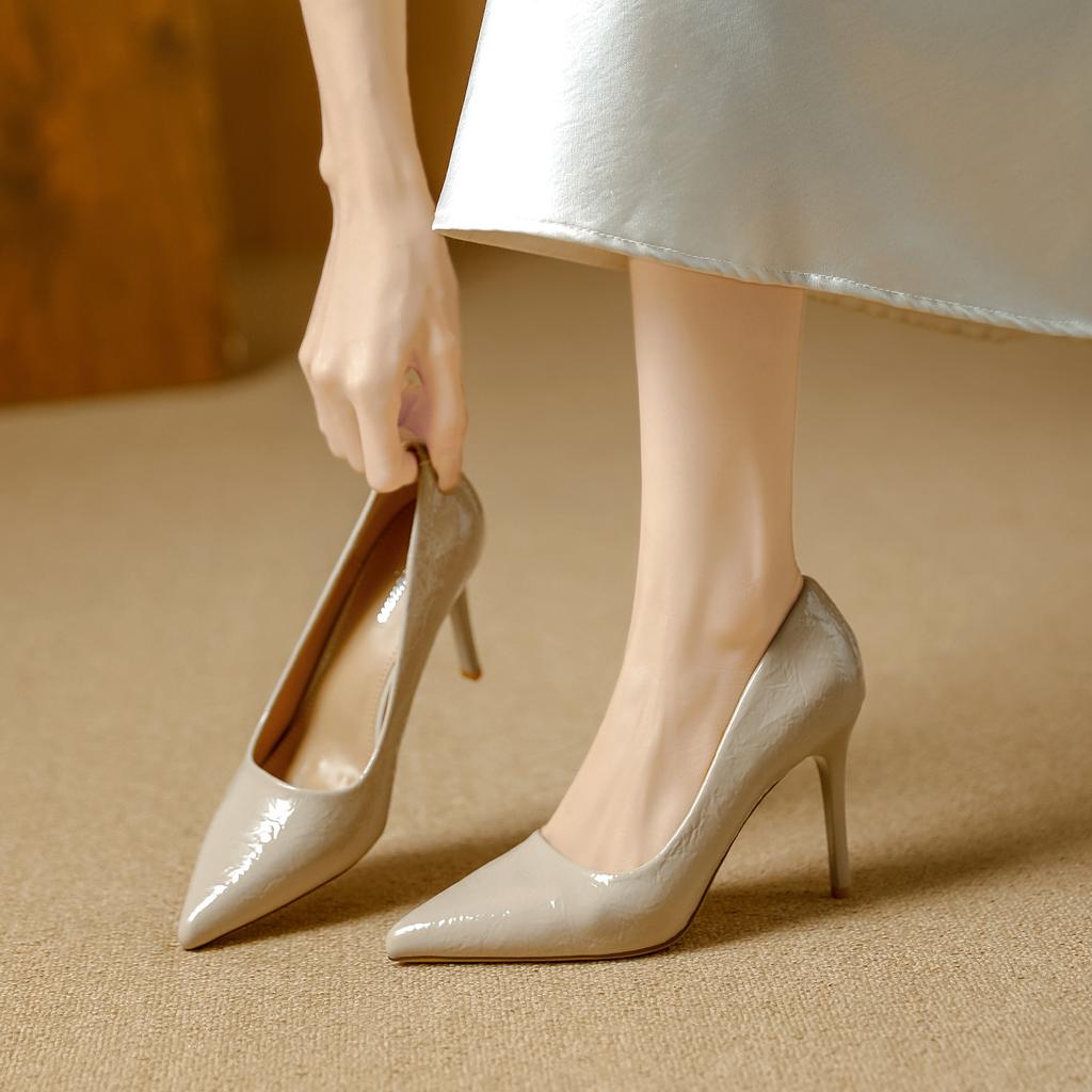 stiletto high heels 2026 spring solid color soft leather pointed commuter work shoes foot cover light mouth single shoes