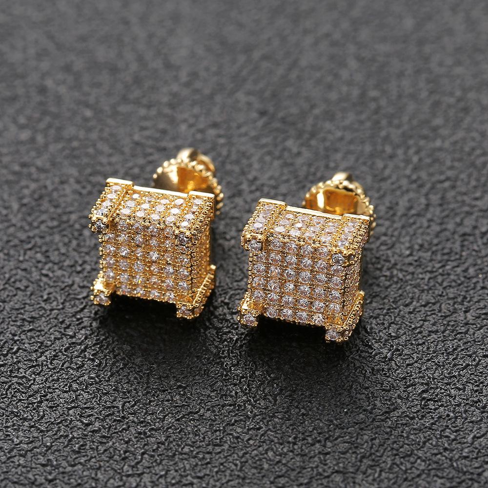 18K Gold-Plated Micro Pave Diamond Stud Earrings for Women Men 10mm Square CZ Screw Back Trendy Fashionable Stud Earrings 10mm&Hiphop золотой