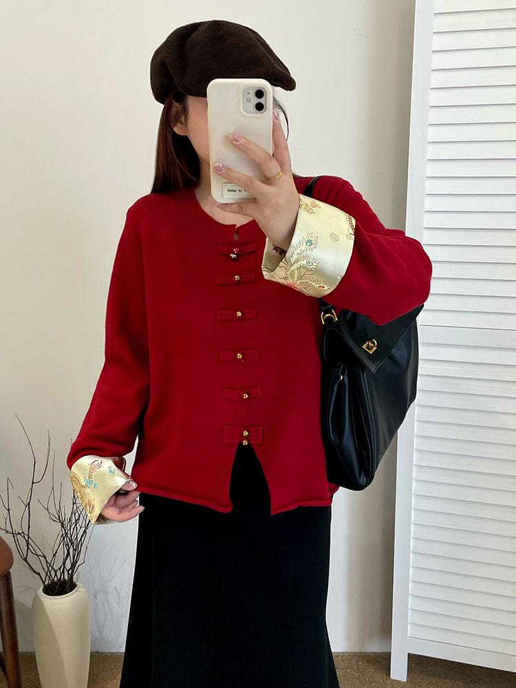 Elegant Plus Size Women's Red Jacket - New Chinese National Style, Autumn 2025 Knitwear, Style 22115
