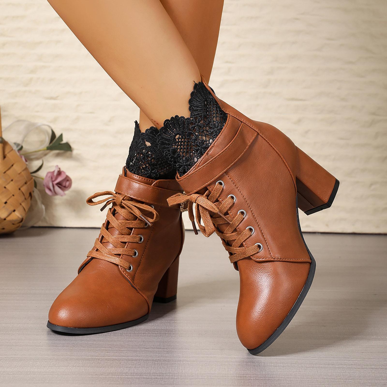 Women s Fashionable High Heeled Casual Ankle Boots With Adjustable And Lace Women Heel Boots 36 коричневый