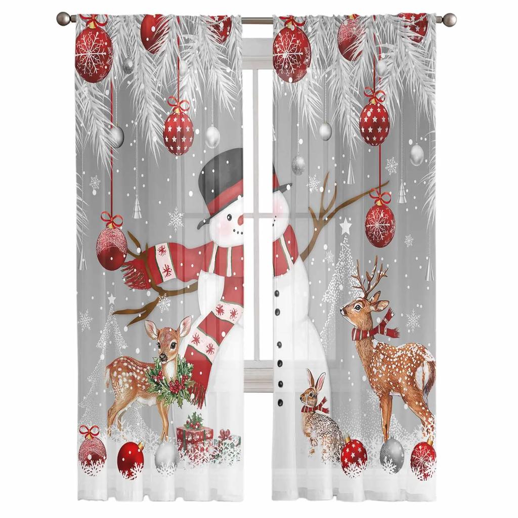 Christmas Snowman Deer Sheer Curtains for Living Room Decoration Window Curtains Kitchen Tulle Voile Curtains