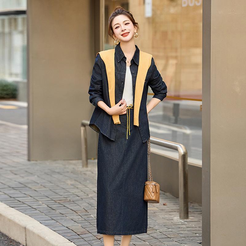 Modă de Primăvară 2025 Jachetă Denim & Fustă Midi cu Șal - Set din Trei Piese (CY8115)