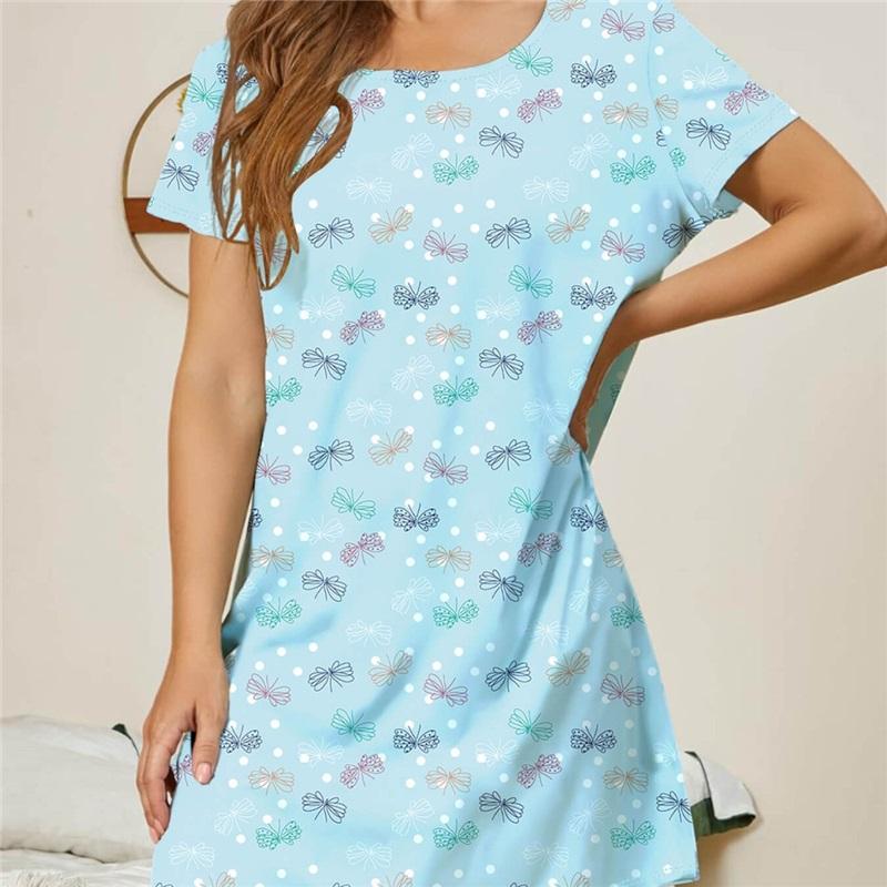 New Ladies Nightdress European And American Style Home Pajamas Skirt Round Neck Dress Casual Printing