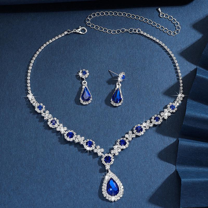 Green Water Drop Jewelry Set Exquisite Rhinestone Pendant Party Women Fashion Necklace Earring Set Prom Wedding Accessories