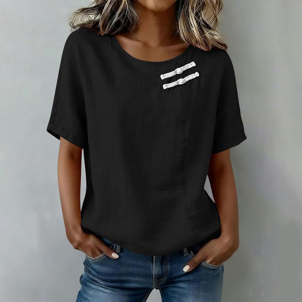 Women Short Sleeve Round Neck Button Shirt Casual Linen Blend Top Lightweight Breathable Summer Blouse with Decorative Buttons