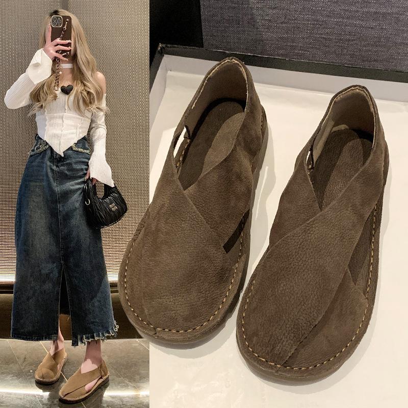 2025 summer new soft leather women's shoes round head one pedal Roman fisherman sandals women's retro sandals foreign trade large size