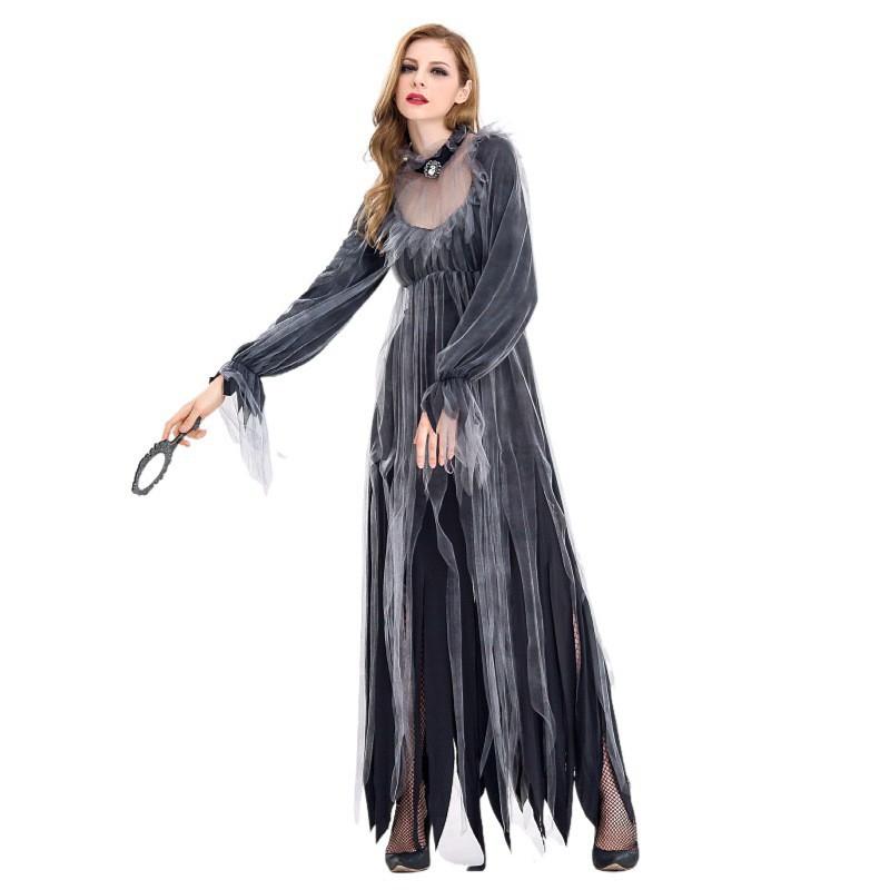 Halloween Costume Women Ghost Bride Witch Vampire Cosplay Dress With Necklace Ribbons