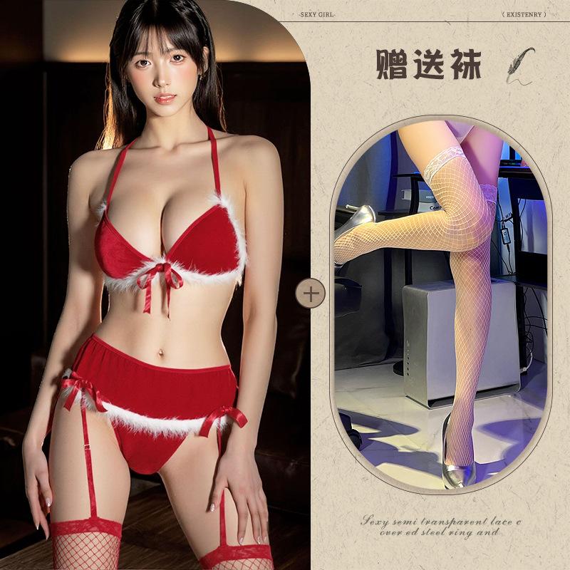 Sexy lingerie sexy christmas red gift seduction plush butterfly three-point garter