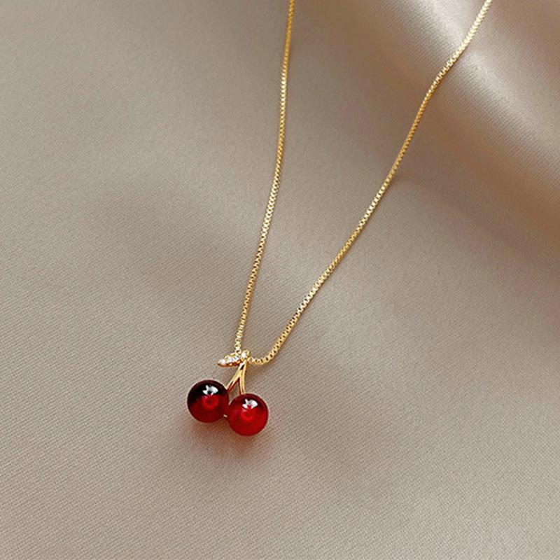 Little Wine Red Cherry Pendant Necklaces For Women Personality Fruit Golden Chain Necklace Party Jewelry Birthday Gifts