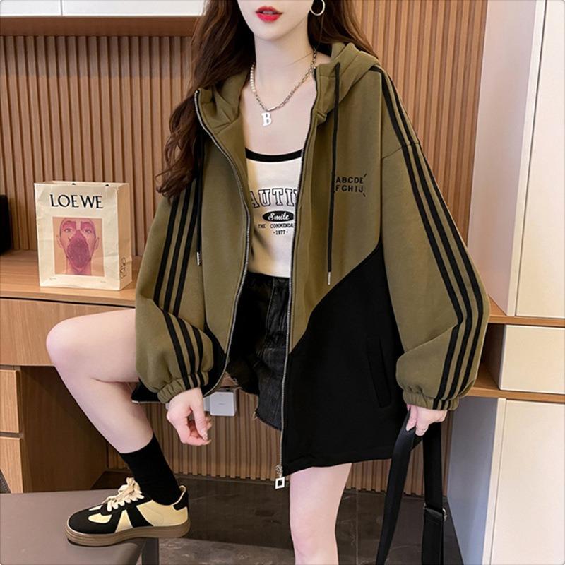 Women Color Block Mid Length Loose Hooded Open Cardigan Thin Casual Sweatshirt Coat
