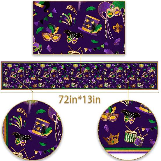 Pudodo Mardi Gras Table Runner Carnival Mask Fleur De Lis Tablecloth New Orleans Masquerade Party Kitchen Dining Home Decoration (13" X 72")